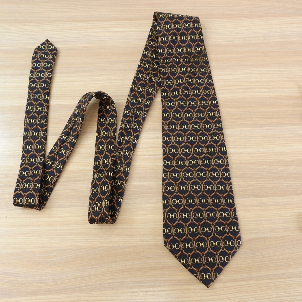 PAOLO GUCCI Neck Tie Mens Black Geometric Gold Chain Repeat Pattern 80s Vintage